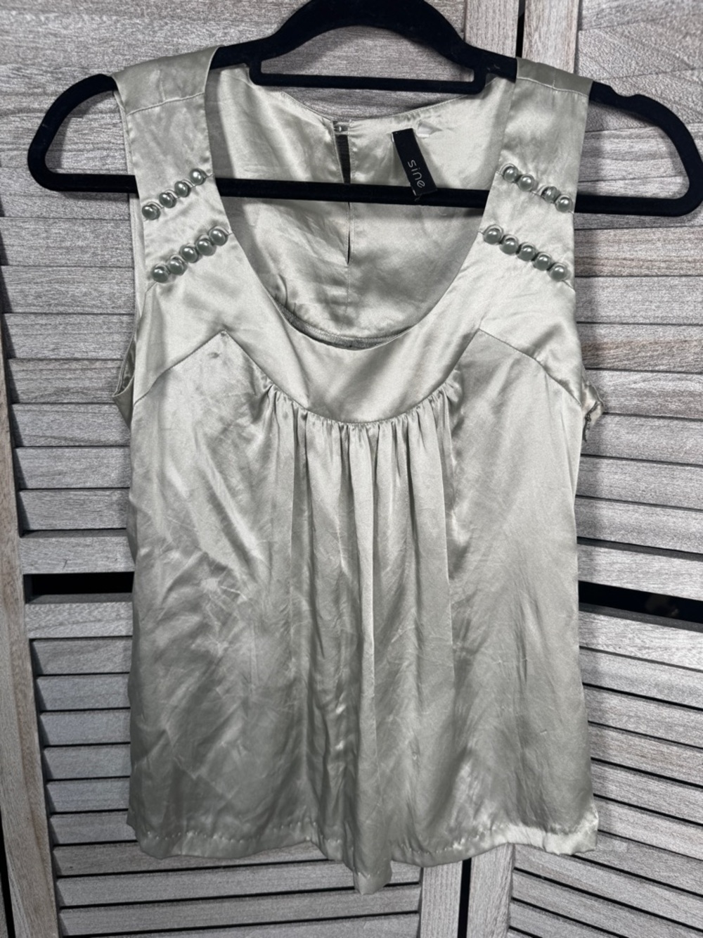Sine 100% Silk Sage Green Satin Sleeveless Blouse Pearl Accent Top Size S